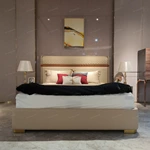 Beige Upholstered Bed with Quilted Headboard, Wood Accent & Gold Stainless Steel Feet